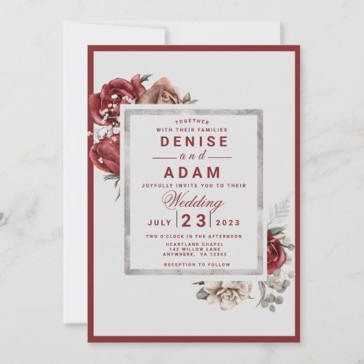 Burgundy, Blush, White Roses Wedding Invitation Kaart (Voorkant)