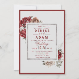 Burgundy, Blush, White Roses Wedding Invitation Kaart