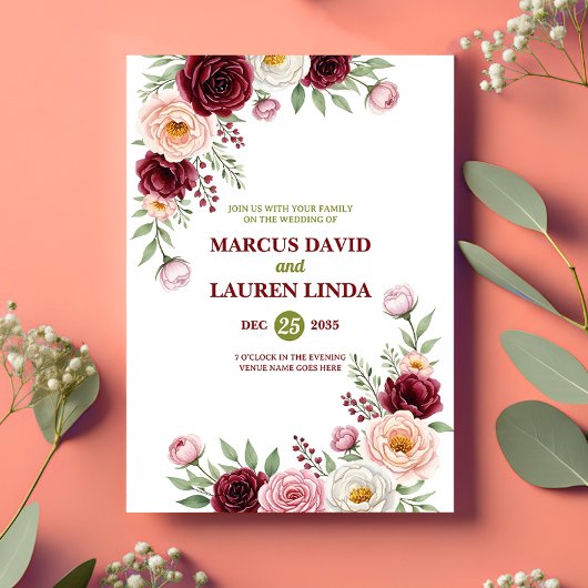 Burgundy Blush Wildflower Wedding Invitation Card Kaart