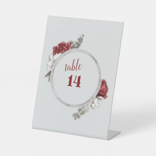 Burgundy, Blush, Witte Rozen Huwelijk Tafel Nummer Reclamebord Met Voetstuk (Voorkant)