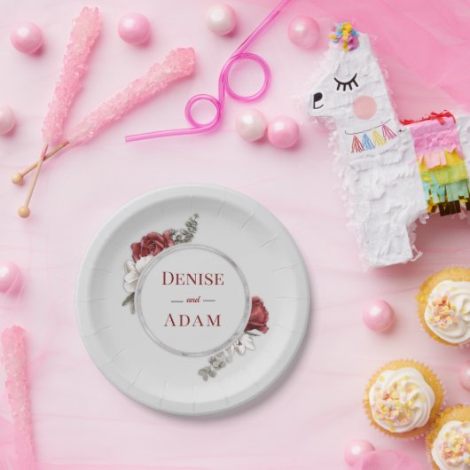 Burgundy Blush & Witte Rozen Zilver Folie Papieren Bordje (Feest)