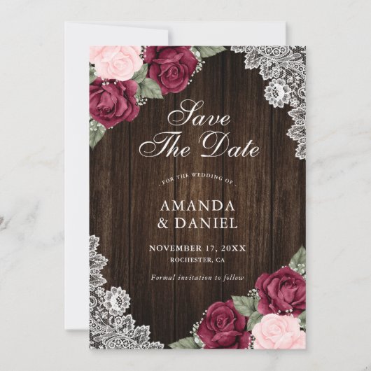Burgundy Blush Wood Floral Weduwfoto Save The Date (Voorkant)