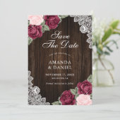 Burgundy Blush Wood Floral Weduwfoto Save The Date (Staand voorkant)