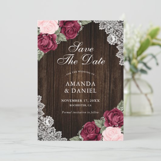 Burgundy Blush Wood Floral Weduwfoto Save The Date (Staand voorkant)