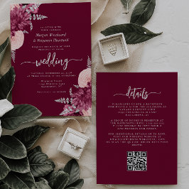 Burgundy Blush Zilveren Bloemencode met QR Trouwka Kaart