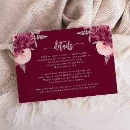 Burgundy Blush Zilveren Bloemige Trouwdetails Informatiekaartje