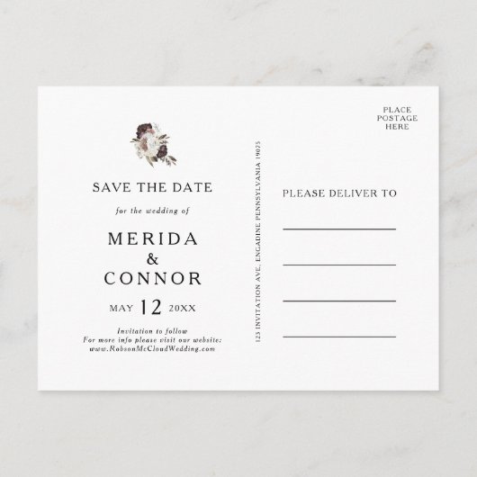 Burgundy Boho Bloemen Save The Date Postkaart Uitnodiging Briefkaart (Achterkant)