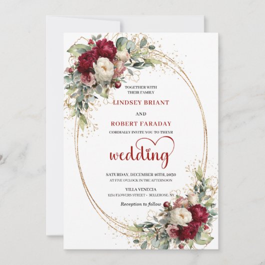 Burgundy Boho Botanical Floral Wedding Invite Kaart (Voorkant)