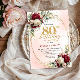 Burgundy Boho Chic Floral 80th Birthday Party  Kaart