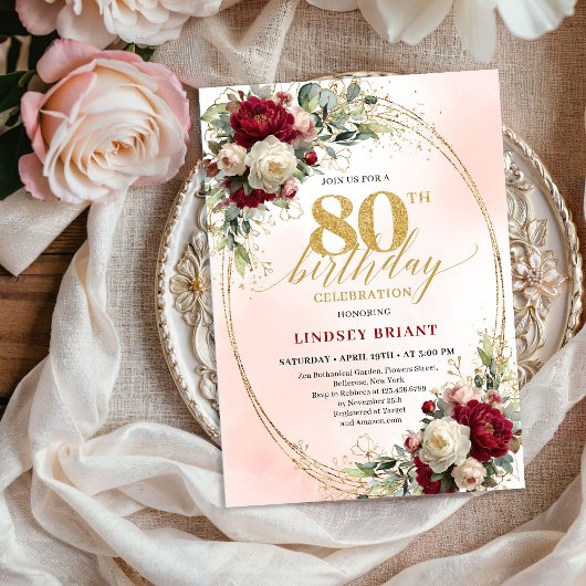 Burgundy Boho Chic Floral 80th Birthday Party  Kaart
