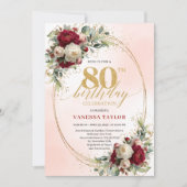 Burgundy Boho Chic Floral 80th Birthday Party  Kaart (Voorkant)