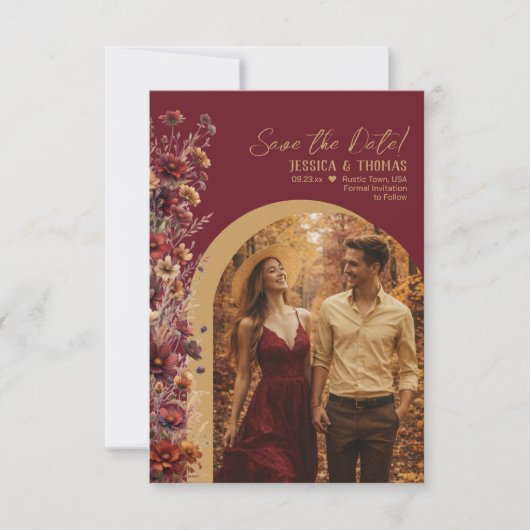 Burgundy Boho Chic Wildflowers Arch Photo Wedding Save The Date (Voorkant)