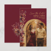 Burgundy Boho Chic Wildflowers Arch Photo Wedding Save The Date (Voorkant / Achterkant)