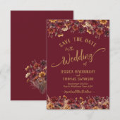 Burgundy Boho Chic Wildflowers Calligraphy Wedding Save The Date (Voorkant / Achterkant)