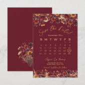 Burgundy Boho Chic Wildflowers Wedding Calendar Save The Date (Voorkant / Achterkant)