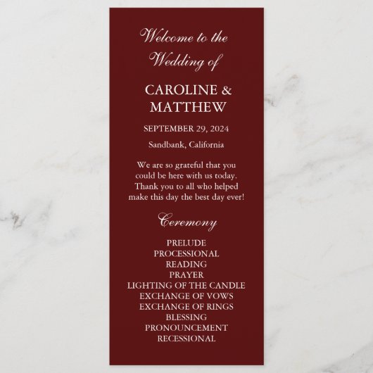 Burgundy Boho Dinner Modern Minimalistic Wedding  Programmakaart (Voorkant)