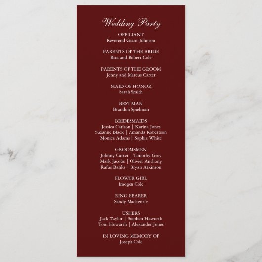 Burgundy Boho Dinner Modern Minimalistic Wedding  Programmakaart (Achterkant)