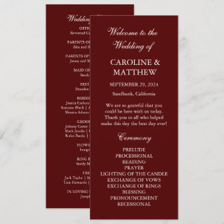 Burgundy Boho Dinner Modern Minimalistic Wedding  Programmakaart