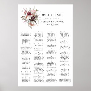 Burgundy Boho Floral Alfabetical Seat Chart Poster
