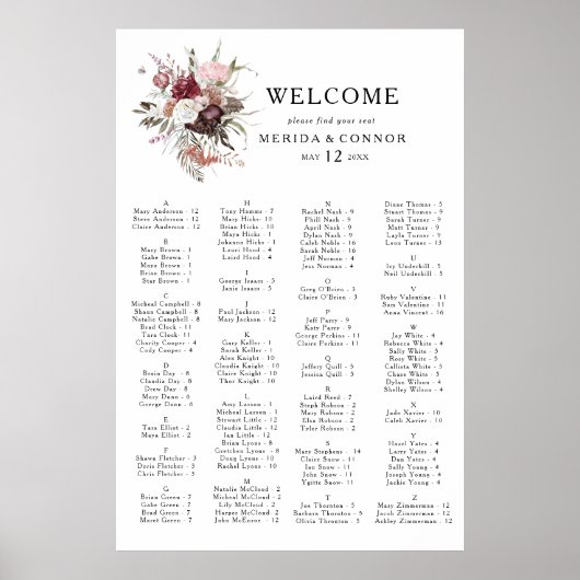 Burgundy Boho Floral Alfabetical Seat Chart Poster (Voorkant)