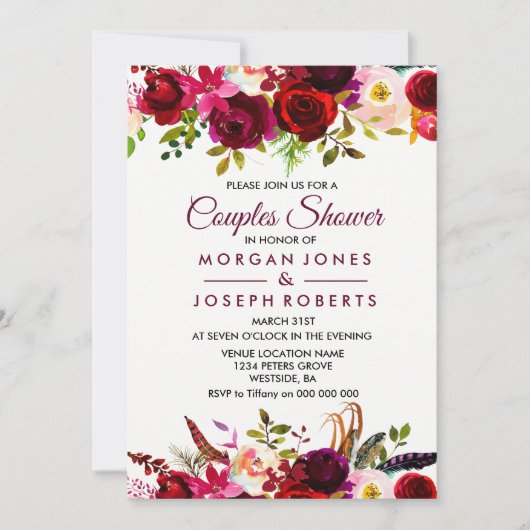 Burgundy Boho Floral Couples Shower Kaart (Voorkant)