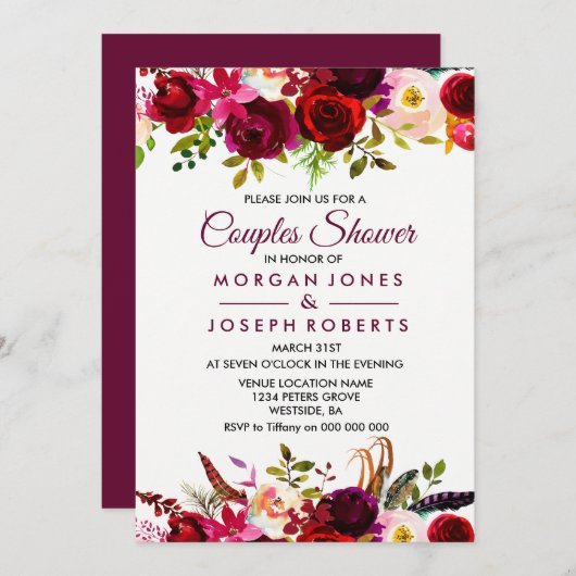 Burgundy Boho Floral Couples Shower Kaart (Voorkant / Achterkant)