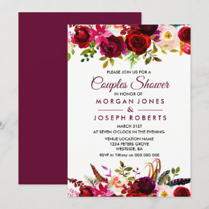 Burgundy Boho Floral Couples Shower Kaart