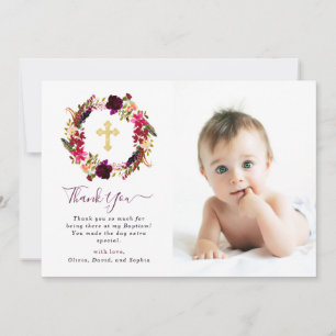 Burgundy Boho Floral en Gold Cross Baptism Foto Bedankkaart