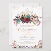 Burgundy Boho Floral & Gold Tiara Quinceanera Kaart (Voorkant)