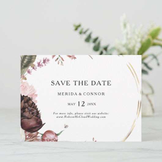 Burgundy Boho Floral Horizontal Save the Date (Staand voorkant)
