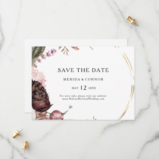 Burgundy Boho Floral Horizontal Save the Date (Voorkant / Achterkant in situ)