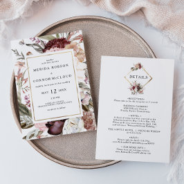 Burgundy Boho Floral in één bruiloft Kaart