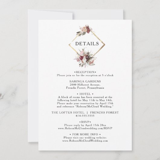 Burgundy Boho Floral in één bruiloft Kaart (Achterkant)