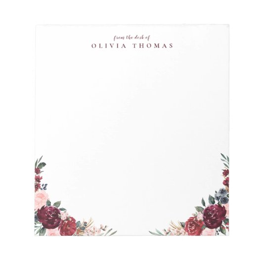Burgundy boho floral personalized Stationery Notitieblok (Voorkant)