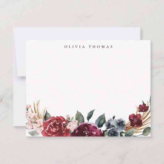 Burgundy boho floral personalized Stationery Notitiekaartje (Voorkant)