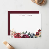 Burgundy boho floral personalized Stationery Notitiekaartje (Voorkant / Achterkant in situ)