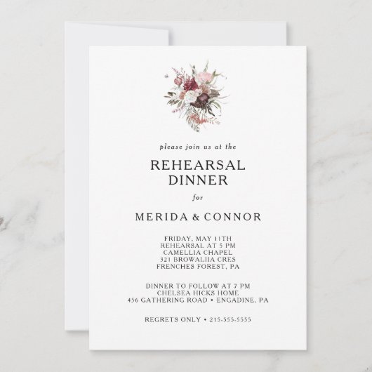 Burgundy Boho Floral Rehearsal Dinner Invitation Kaart (Voorkant)