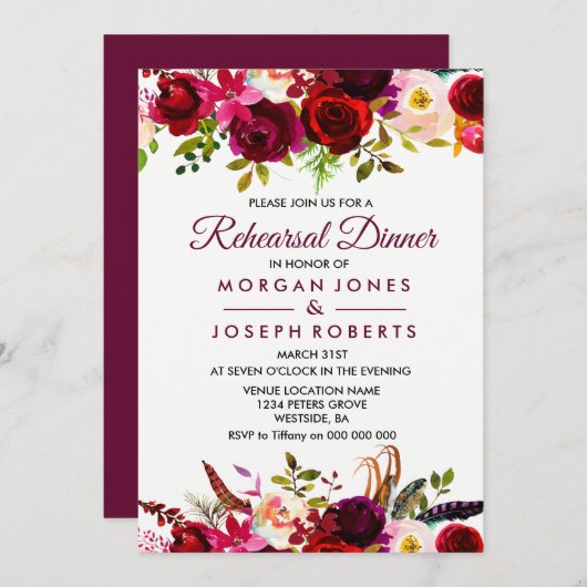 Burgundy Boho Floral Rehearsal Dinner Invitation Kaart (Voorkant / Achterkant)