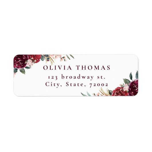 Burgundy boho floral rustic return address etiket (Voorkant)