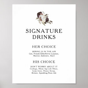 Burgundy Boho Floral Signature Drink Sign Poster