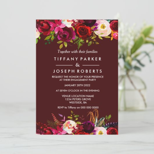 Burgundy Boho Floral Spring Engagement Party Kaart (Staand voorkant)