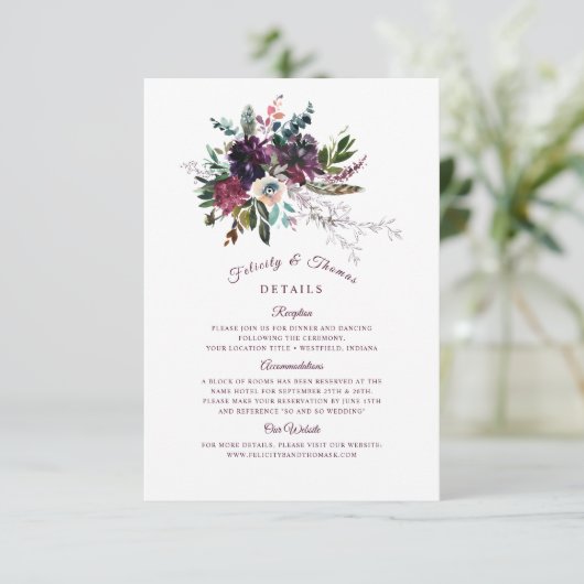 Burgundy Boho Floral Wedding Bouquet Details Informatiekaartje (Staand voorkant)