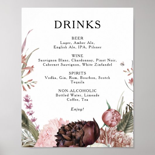 Burgundy Boho Floral Wedding Drinks Menu Sign Poster (Voorkant)