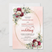 Burgundy Boho Floral Wedding Invitation Gold Frame Kaart (Voorkant)