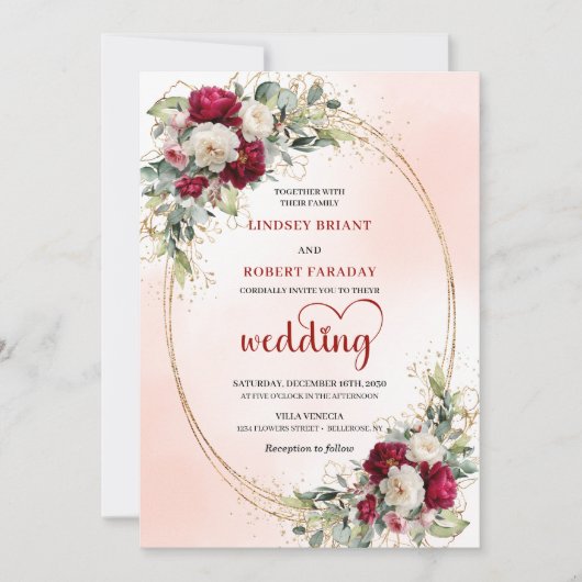 Burgundy Boho Floral Wedding Invitation Gold Frame Kaart (Voorkant)
