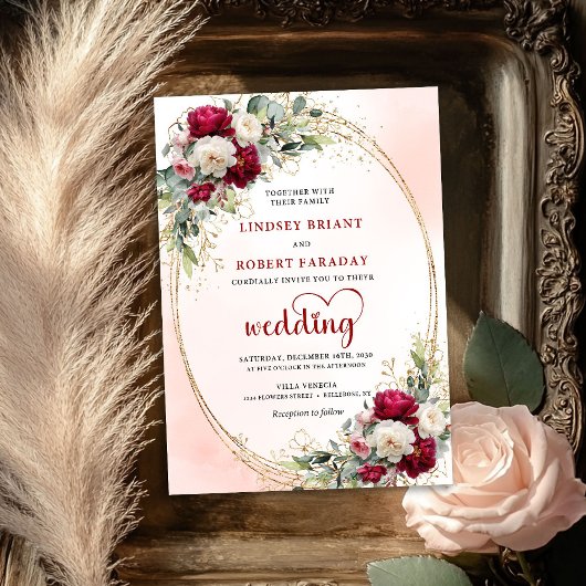 Burgundy Boho Floral Wedding Invitation Gold Frame Kaart
