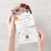 Burgundy Boho Floral Wedding QR Code All In One Uitnodiging (Afscheurbaar)