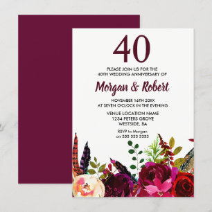 Burgundy Boho Flowers 40th Wedding Jubileum Kaart