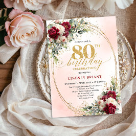 Burgundy Boho Garden Floral 80th Birthday Invite Kaart