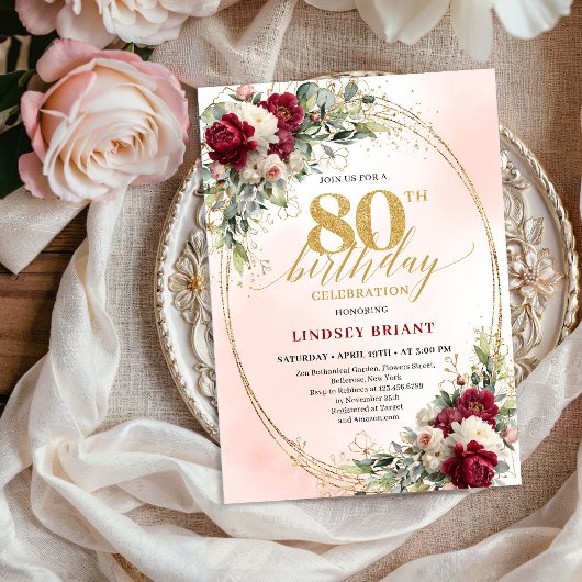 Burgundy Boho Garden Floral 80th Birthday Invite Kaart